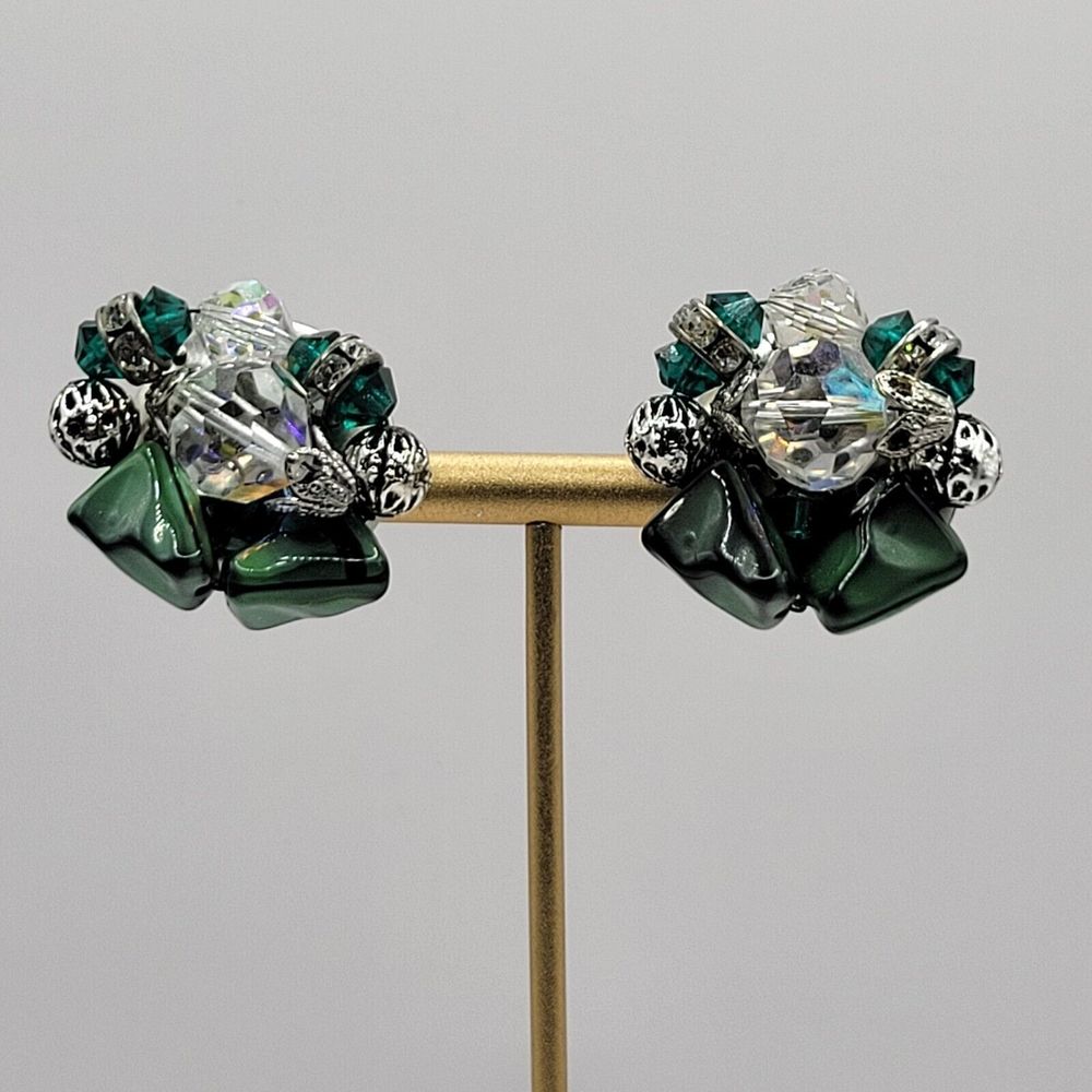 VTG 1950s Cluster Clip On Earrings with Givre Green and Black Glass AB Crystals